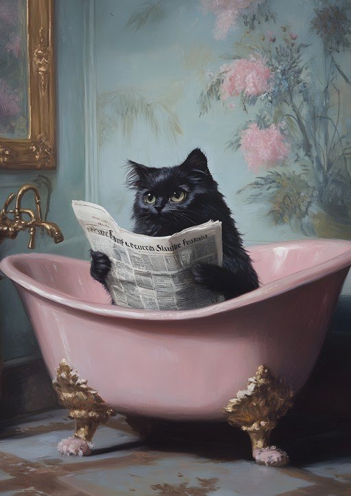 Black Cat Reads Newspaper in Pink Bathtub