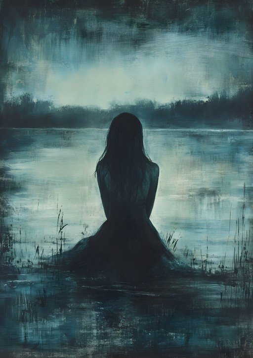 Melancholy Woman by Water in Moody Blue Tones