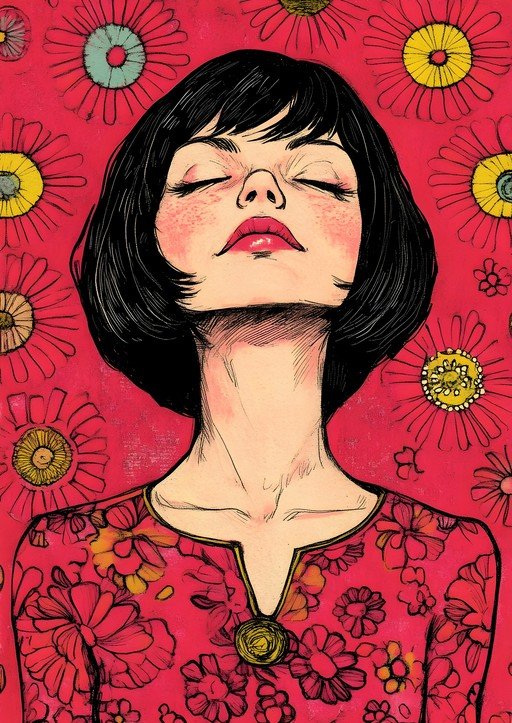 Woman with Eyes Closed Amidst Floral Pattern