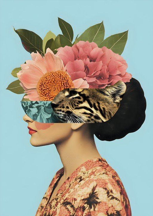 Surreal Portrait: Woman with Tiger and Flowers