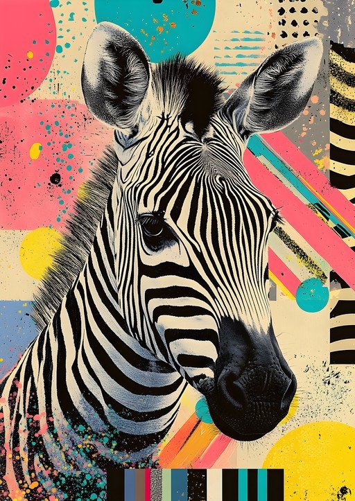 Vibrant Zebra Portrait with Abstract Geometric Background