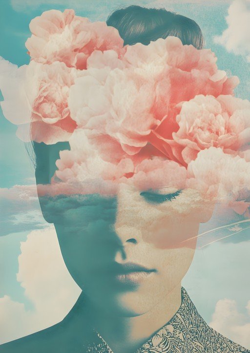 Surreal Double Exposure Portrait with Flowers and Sky
