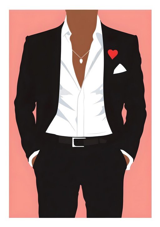 Man in Black Suit with Heart Lapel Pin