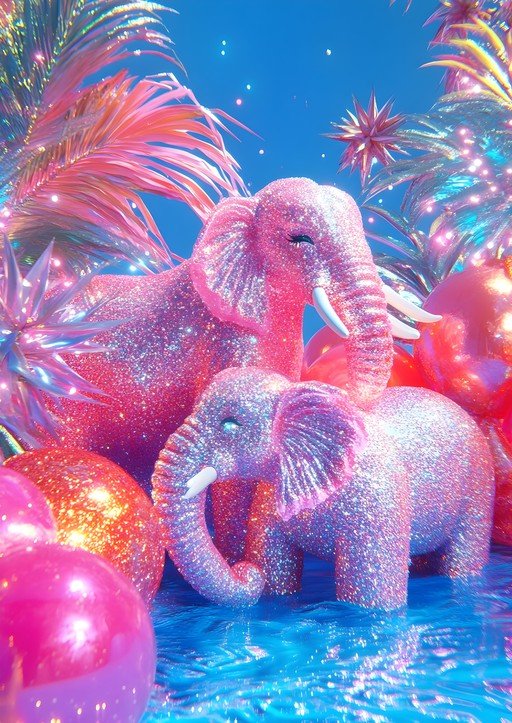 Sparkling Pink Elephants in Tropical Paradise