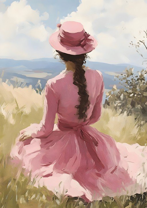 Woman in Pink Dress and Hat Gazing at Landscape