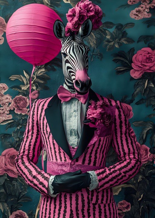Dapper Zebra in Pink Suit with Balloon and Floral Wallpaper