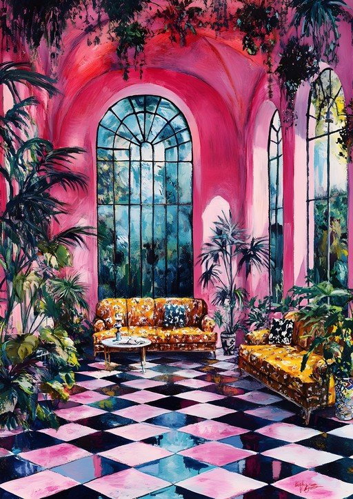 Vibrant Pink Conservatory with Tropical Plants and Floral Sofas
