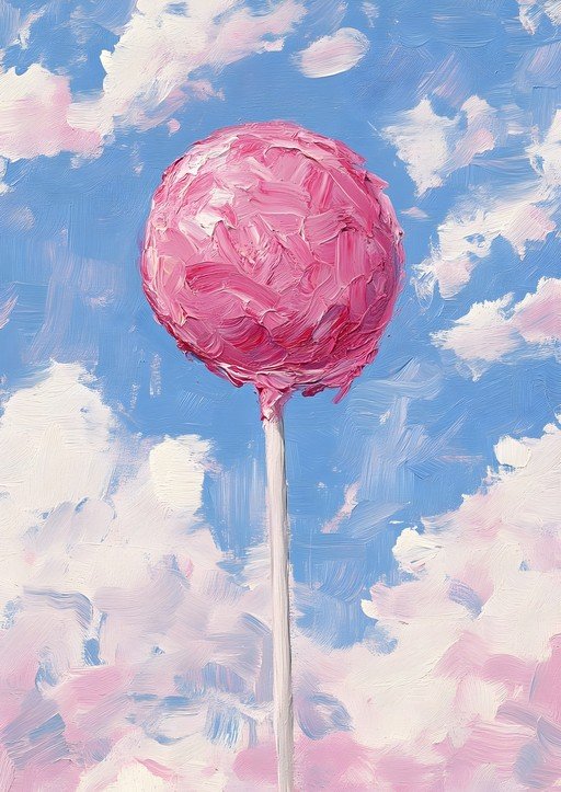 Pink Lollipop Floating in a Cloudy Sky