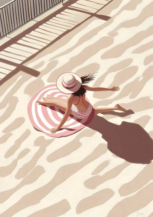 Woman Sunbathing on Striped Towel Under Striped Shadows