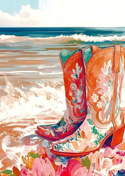 Floral Cowboy Boots on a Beach