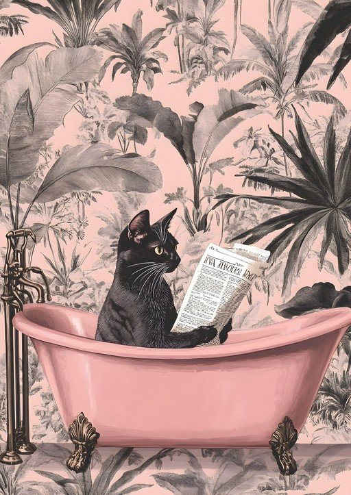Black Cat Reading Newspaper in Pink Bathtub