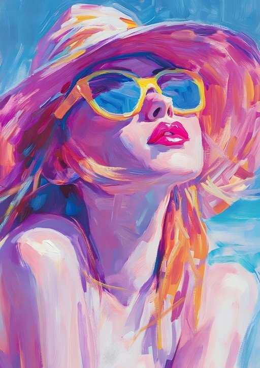 Vibrant Portrait of a Woman in Sunglasses and Hat