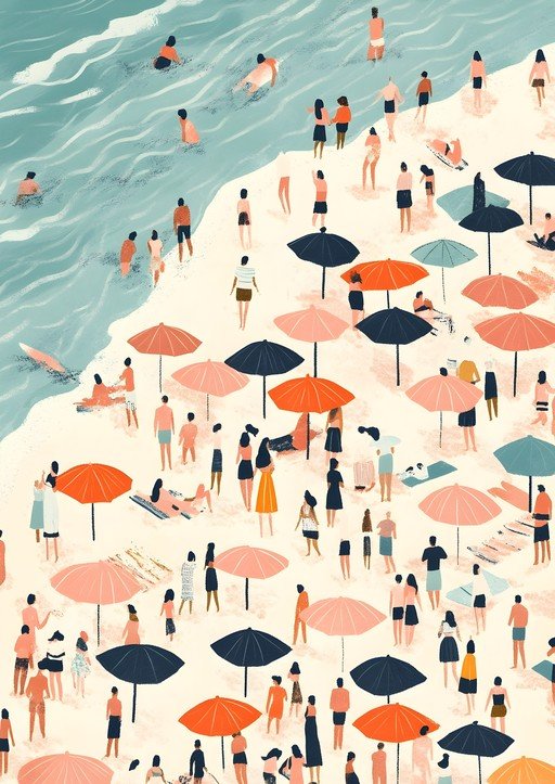Vibrant Beach Scene with Diverse Crowd and Umbrellas