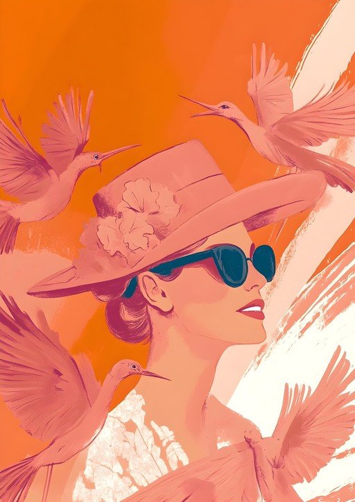 Elegant Woman in Hat Surrounded by Birds