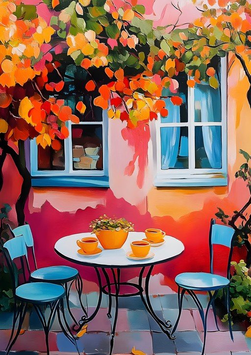 Vibrant Autumn Cafe Scene with Coffee