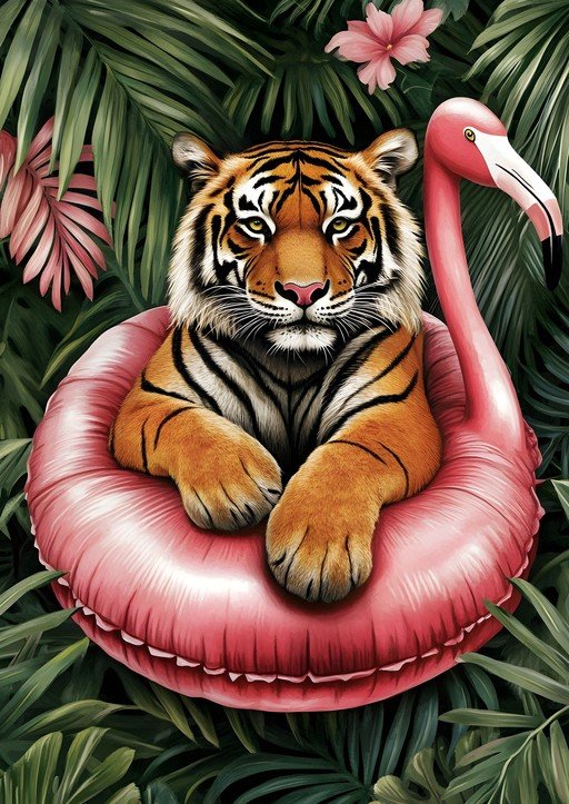 Tiger Relaxing on Flamingo Float in Tropical Jungle