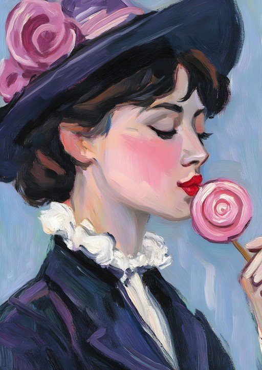 Woman in Hat Enjoys a Pink Lollipop
