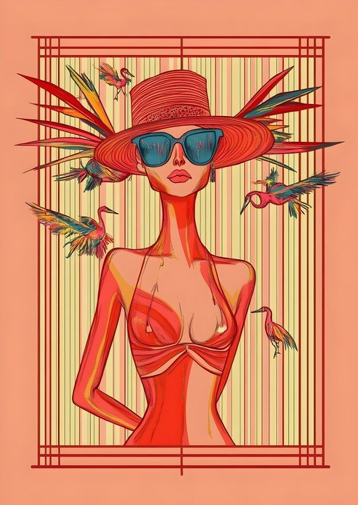 Vibrant Woman in Hat with Exotic Birds
