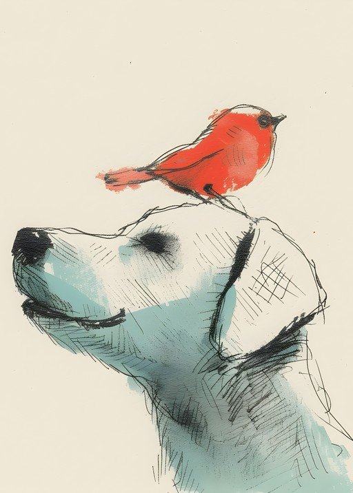 Red Bird Perched on Dog's Head