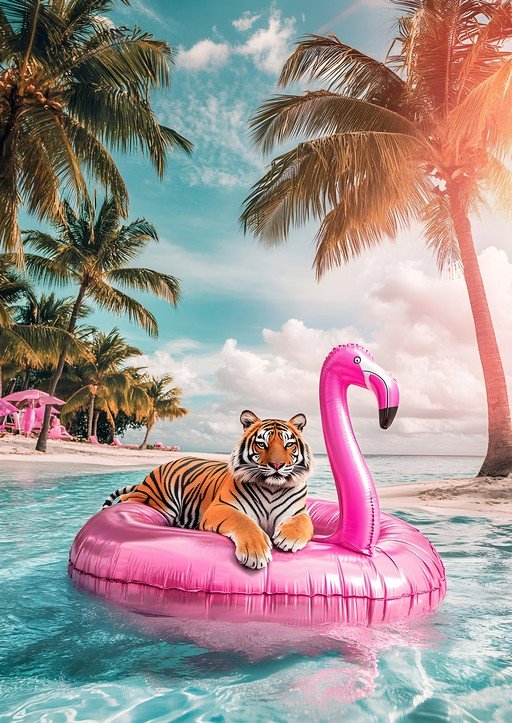 Tiger Floats on Flamingo Ring in Tropical Paradise