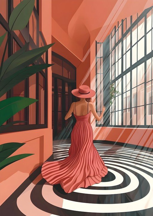Woman in Pink Dress and Hat in Sunlit Corridor