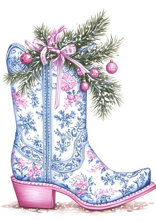 Christmas Cowboy Boot with Pine and Ornaments