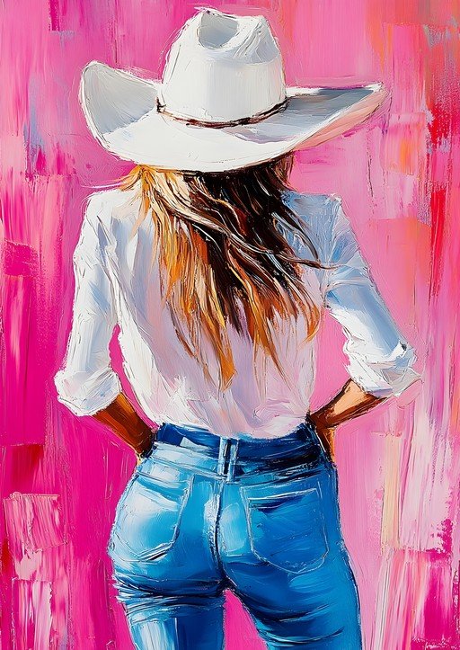 Cowgirl in White Hat and Blue Jeans