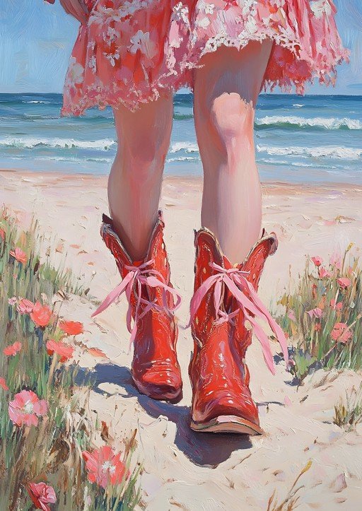 Girl in Red Boots and Pink Dress on Beach
