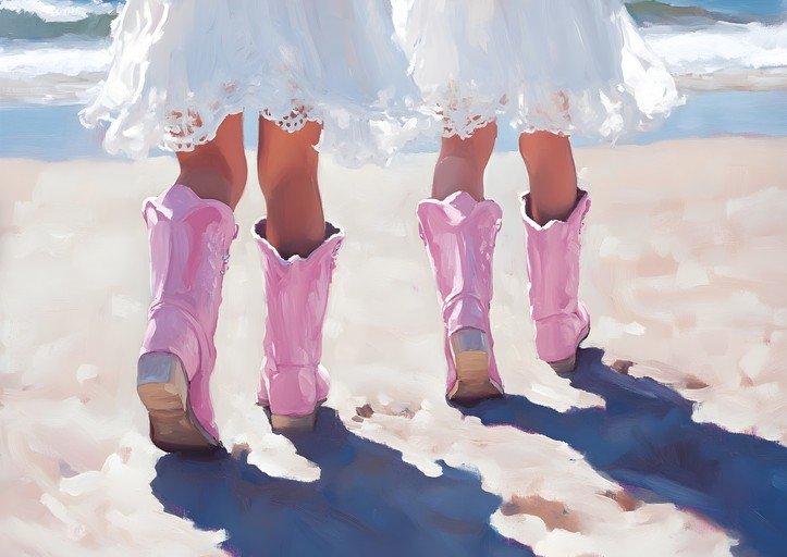 Children in Pink Boots Walk on Sandy Beach