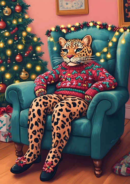 Leopard in Festive Sweater Relaxing by Christmas Tree