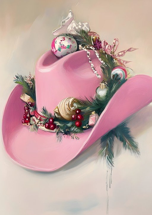 Pink Cowboy Hat with Christmas Ornaments