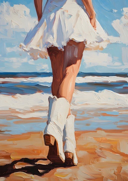 Woman in White Dress and Boots on Beach