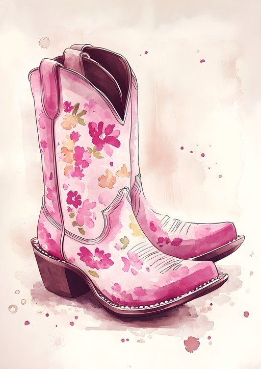 Pink Floral Cowboy Boots Watercolor Art