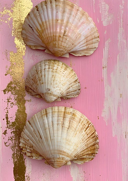 Scallop Shells on Pink and Gold Textured Background