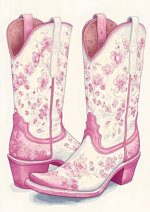 Pink Floral Cowboy Boots Illustration