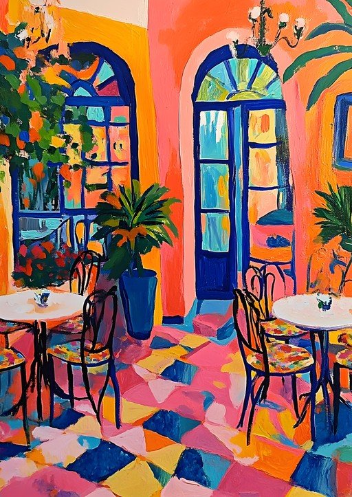 Vibrant Courtyard Cafe Painting