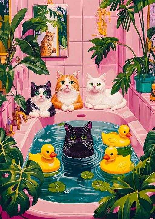 Cats and Rubber Ducks in a Pink Bathtub