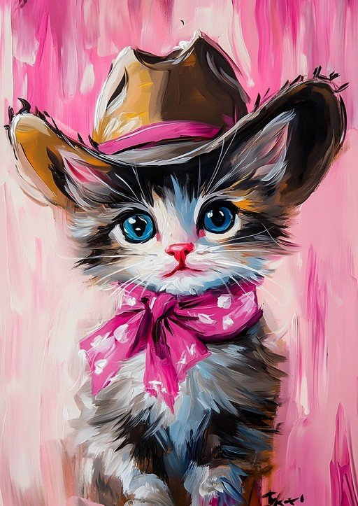 Adorable Kitten in Cowboy Hat and Pink Bow