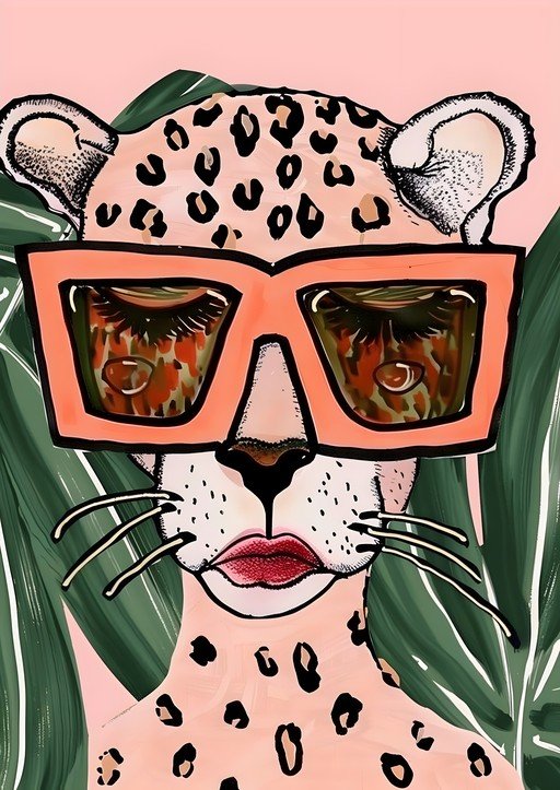 Chic Leopard Portrait with Sunglasses and Tropical Leaves