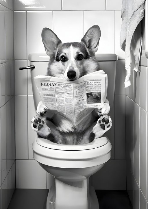 Corgi Reads Newspaper on Toilet