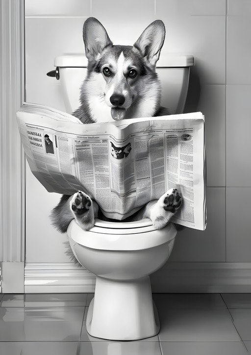 Corgi Reads Newspaper on Toilet