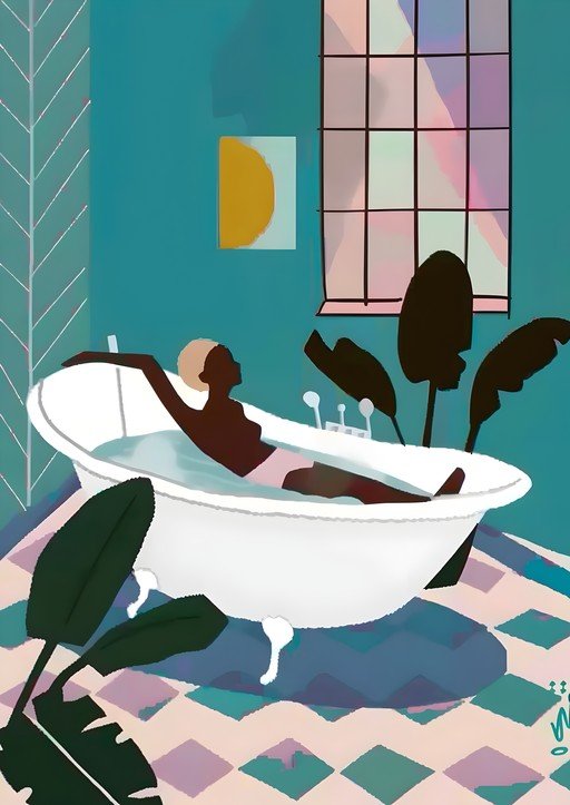 Woman Relaxing in Bathtub with Plants and Sunlight