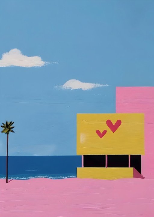 Vibrant Beach Scene with Palm Tree and Heart Motifs