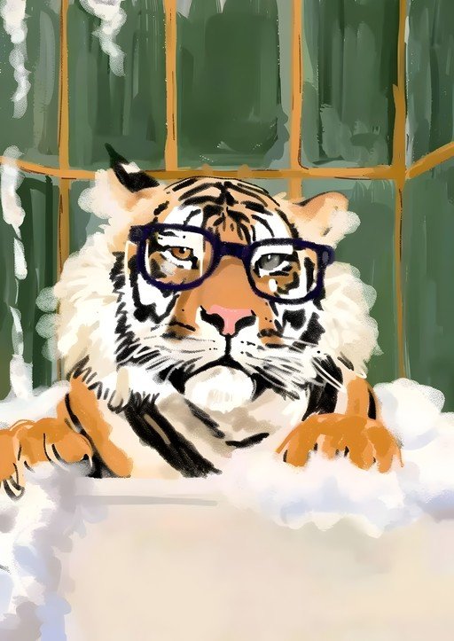 Tiger in Bathtub with Glasses