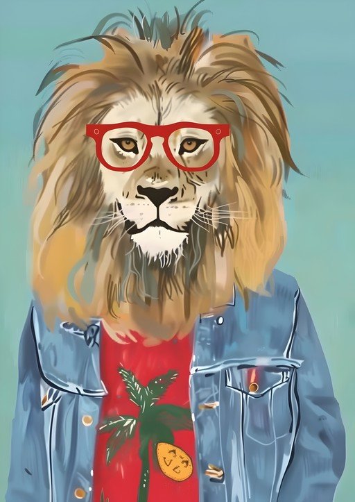 Hipster Lion in Denim Jacket and Red Shirt