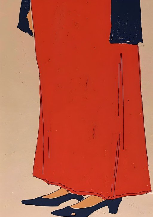 Woman in Red Dress and Blue Shoes