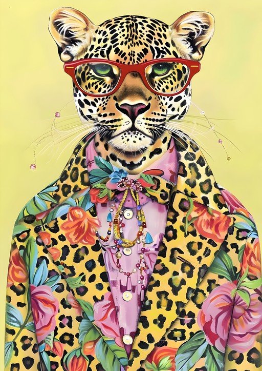 Stylish Leopard in Floral Blazer and Red Glasses