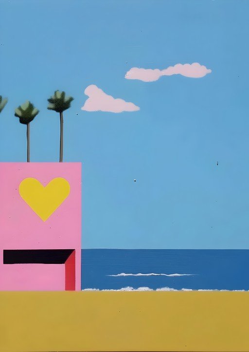 Pop Art Beach Scene with Pink Building and Yellow Heart
