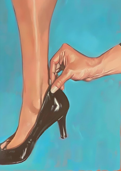 Close-up of Hand Adjusting Black High Heel Shoe on Foot