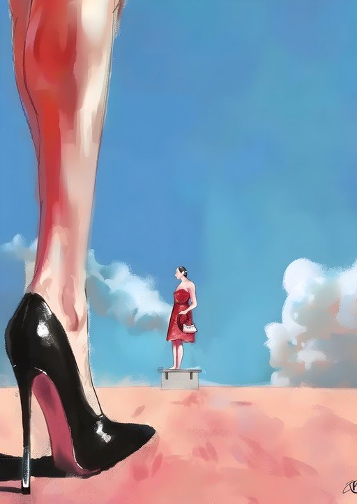 Surreal Scene: Giant Stiletto and Woman in Red Dress